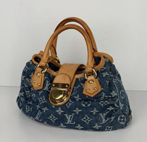 Louis Vuitton Denim Pleaty HandBag Blue Monogram & Gold-Tone Hardware D8